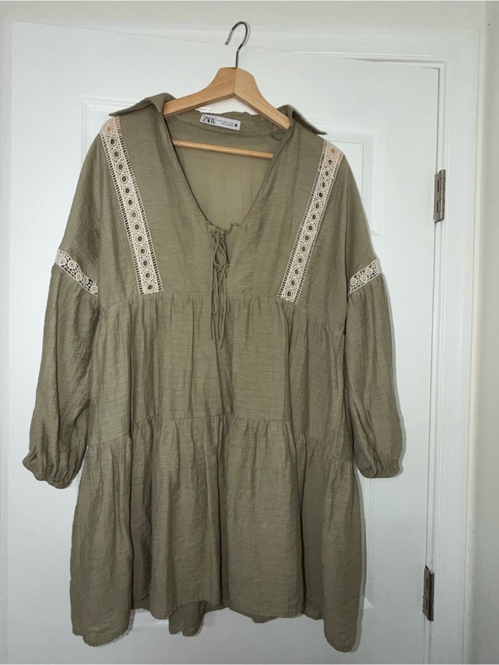 Zara Olive Green Tiered Peasant Dress with Lace Inserts - Picture 3 of 5